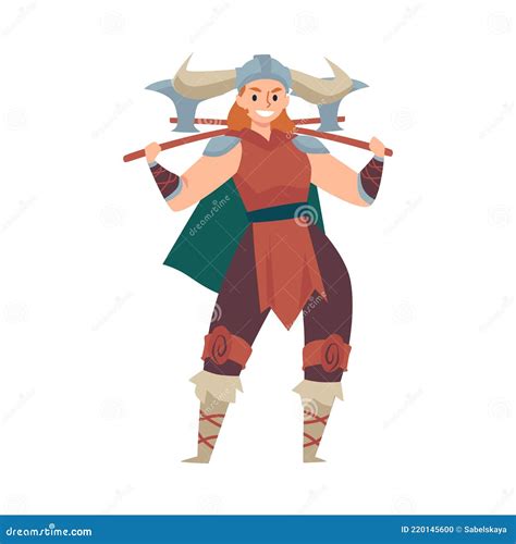 Viking Woman Warrior Armed With Axes Flat Vector Illustration Isolated