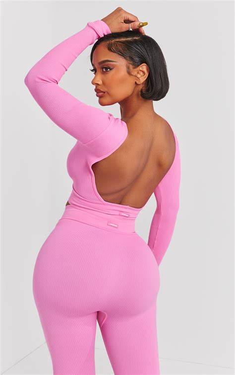 Plt Shape Bright Pink Open Back Gym Crop Top Shape Prettylittlething