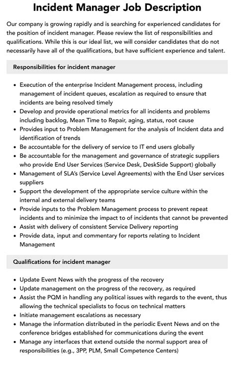 Incident Manager Job Description Velvet Jobs