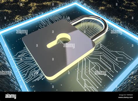 Three Dimensional Rendering Metal Encryption Lock With Tech Background