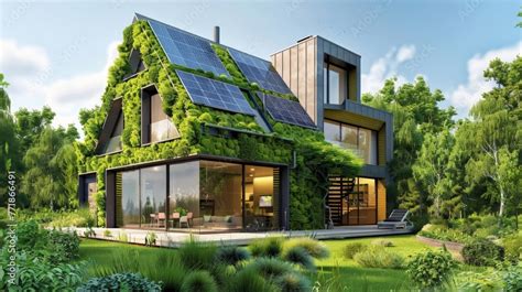 An Image Depicting A Modern Eco Friendly Home Equipped With Green