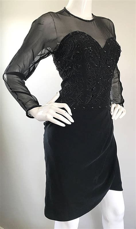 1990s Sexy Black Beaded Sequin Nude Illusion Size 6 Vintage 90s Bodycon