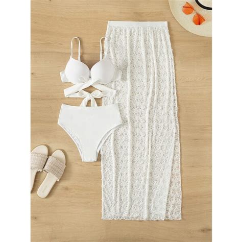 White High Waist Bikini Set With Beach Skirt Swimwear India