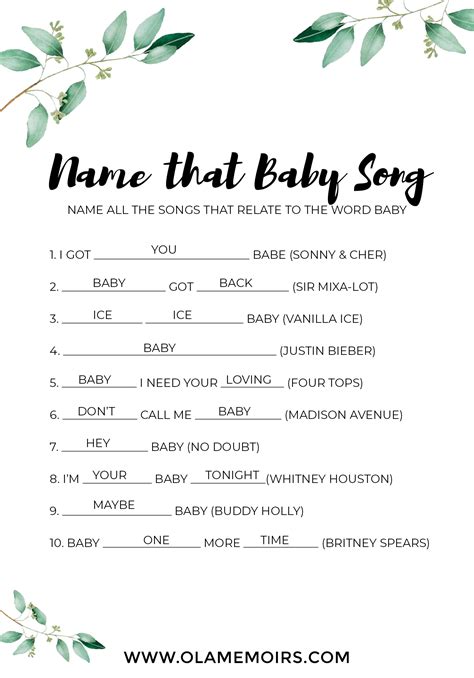 Name That Baby Song Greenery Printable Baby Shower Games