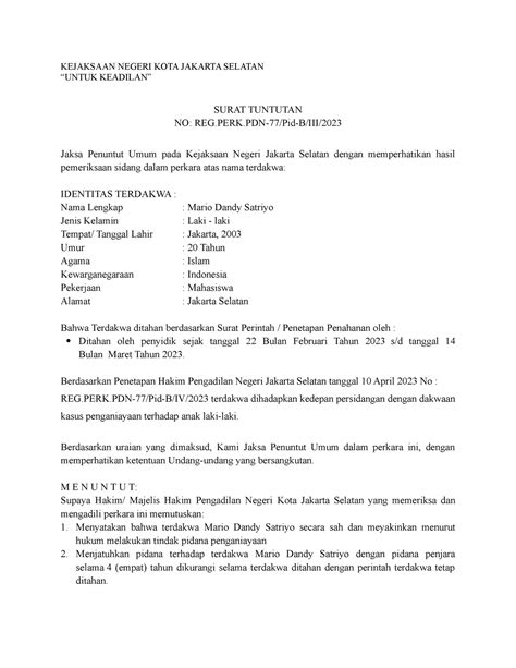 Contoh Surat Tuntutan Kasus Penganiayaan Kejaksaan Negeri Kota Jakarta Selatan “untuk Keadilan