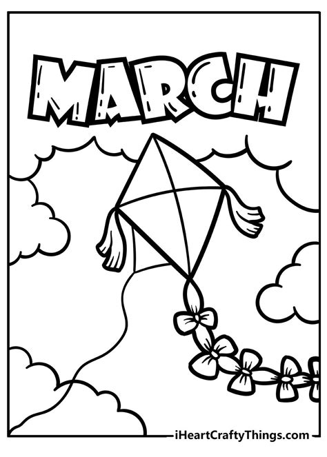 March Coloring Pages with Kite Flying in the Sky