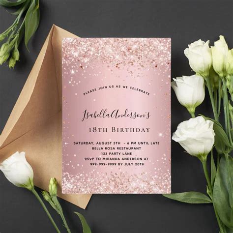 Birthday Blush Pink Rose Gold Glitter Invitation Zazzle