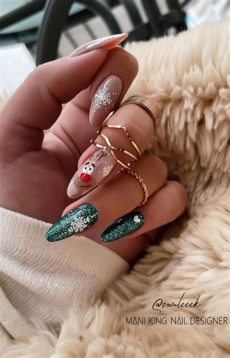 Best Festive Christmas Nails Shimmery Green Nude Almond Nails