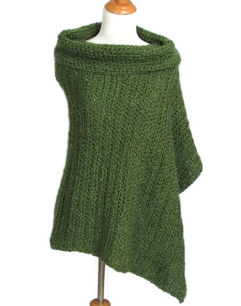 Womens Poncho Crochet Cowl Neck Olive Green Cape By Knitwhats Tejidos