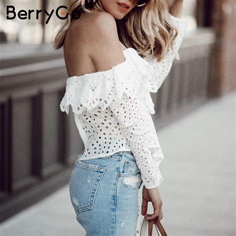 Berrygo Sexy Ruffled White Blouse Women Asymmetrical One Shoulder