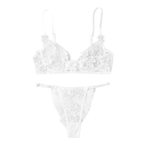 Soutien Gorge Sexy G String Fleurs Broderie Bralette Dentelle Bustier Lingerie String Blanc