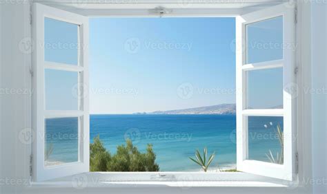 White Window Open With A View Of The Sea Ai Generated 33210828 Stock