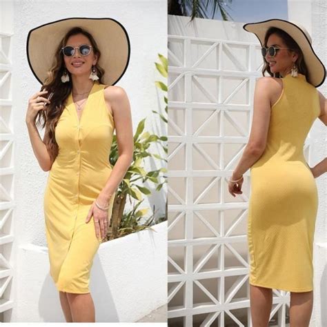 Robe Femme Col En V Glamour Sans Manches Chic Sexy Boh Me Jaune Jaune