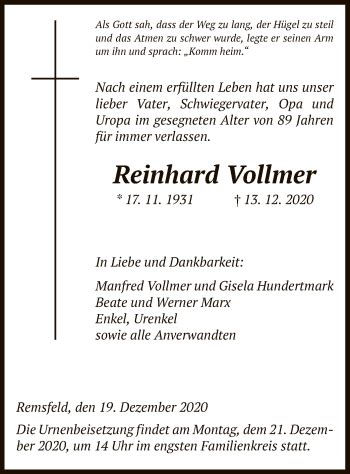 Traueranzeigen Von Reinhard Vollmer Trauer Hna De