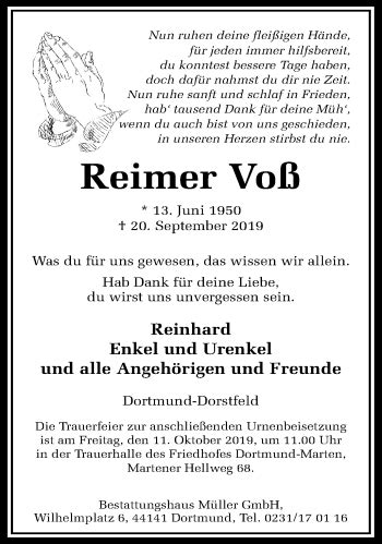 Traueranzeigen von Reimer Voß Trauer in NRW de