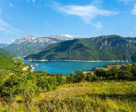 Piva Lake Pivsko Jezero And Pluzine Town View In Montenegro Stock Photo