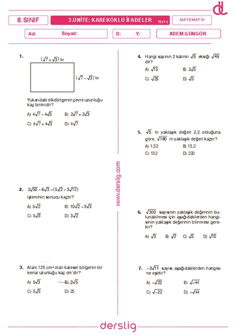 8 Sınıf Matematik Kareköklü İfadeler Toplama ve Çıkarma Test 4 Adem