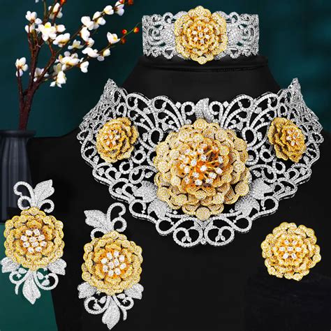 GODKI Big Fashion 4PCS Luxury Chokers Flowers African Jewelry Set For