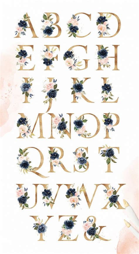 Navy Blush Gold Blumen Monogramm Kinderzimmer Kunst Druckbare Rosa