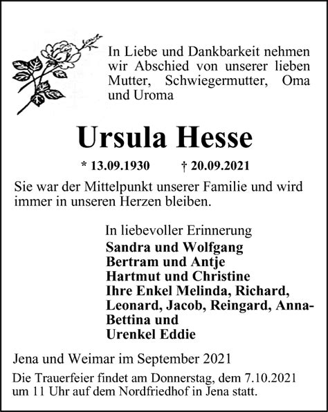 Traueranzeigen Von Ursula Hesse Trauer In Thueringen De