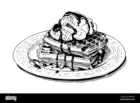 Waffles With Ice Cream Hand Drawn Ink Sketch Engraving Style Vector Illustration Stock Vector