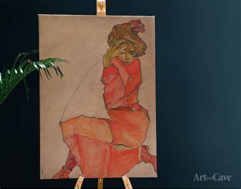 Egon Schiele Print Kneeling Female In Orange Red Dress Cotton Canvas