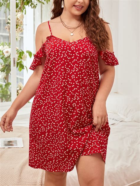 Shein Plus Allover Heart Print Cold Shoulder Dress