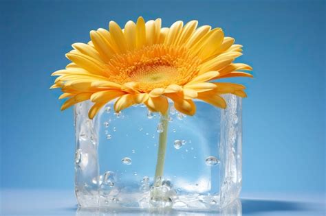 Premium Ai Image Yellow Gerbera In Ice Cube On Blue Background