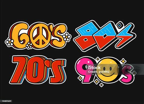 60s 70s 80s 90s Party Vintage Retro Style Signs Set Collection Vector