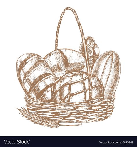 Fresh Bread Basket Hand Draw Sketch Royalty Free Vector