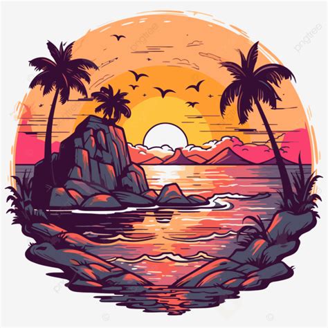 Tropical Beach Sunset Vector Sticker Clipart Sketch Of A Sunset Beach