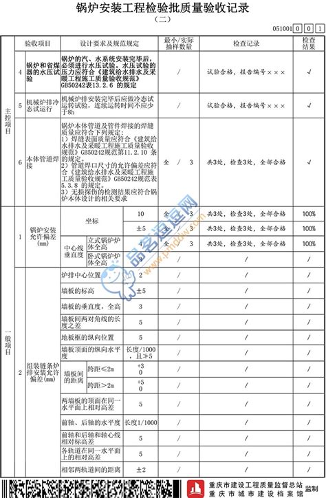 051001 锅炉安装工程检验批质量验收记录一、二、三品茗逗逗网品茗施工软件服务平台