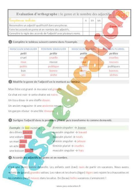 Le Genre Et Le Nombre De Ladjectif Au Cm1 Évaluation Bilan Pdf à Imprimer Par Pass