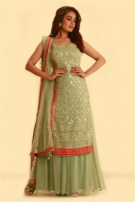 Pista Green Salwar Set With Palazzo Pants And Matching Dupatta With