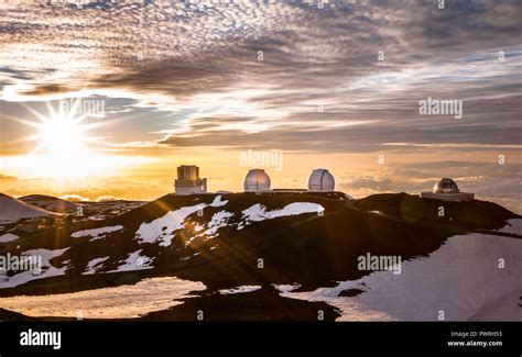 Wm Keck Observatory Nearing Sunset Atop Mauna Kea Hawaii Stock Photo