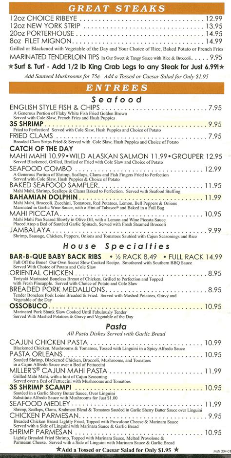 Miller's Ale House Menu