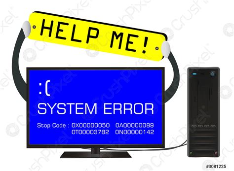 Broken Desktop Computer Error Screen With Help Me Banner Stock Vector