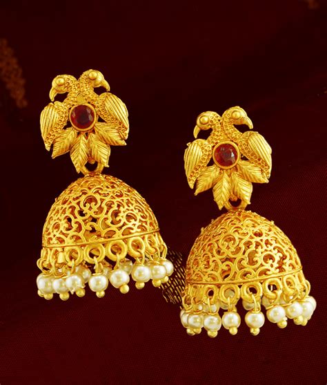 Matt Finish Gold Plated Temple Inspired Jhumka Jhumki Earrings For