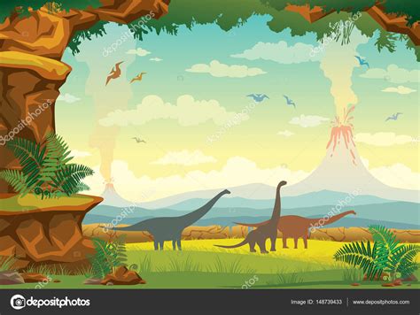 Paisaje Prehistórico Con Dinosaurios Volcán Y Helecho Ilustración De Stock De ©natuska 148739433