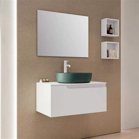 Mobile Bagno Sospeso Cm Portalavabo Bianco Opaco E Specchio Agave