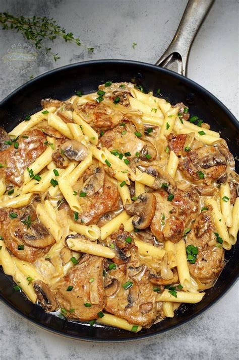 Pork Tenderloin In Creamy Mushroom Sauce And Pasta Dinner