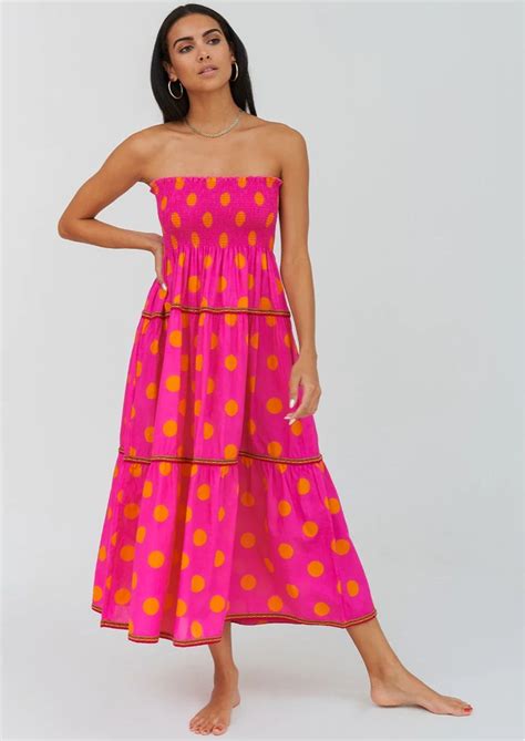 Pitusa Polka Dot Strapless Dress Fuschia