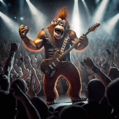 Premium Ai Image A Monkey With A Guitar On His Head Is Playing A Guitar