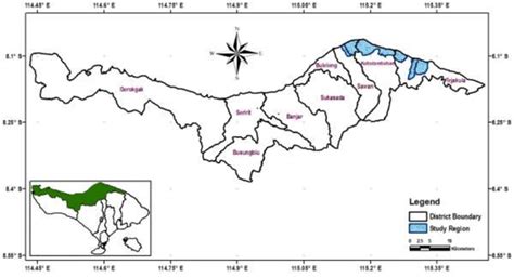 Map of Buleleng Regency including the study area (blue highlights ...