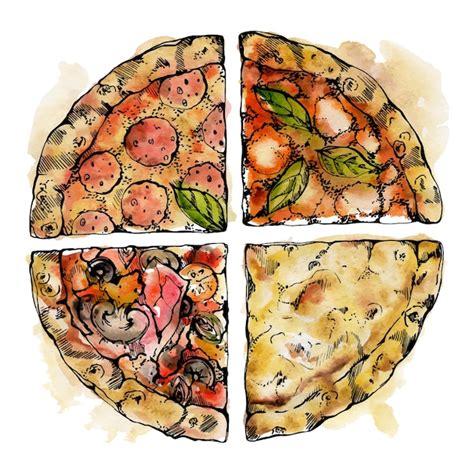 Handgezeichnete Aquarell Tinte Illustration Pizza Scheibe Mit Toppings