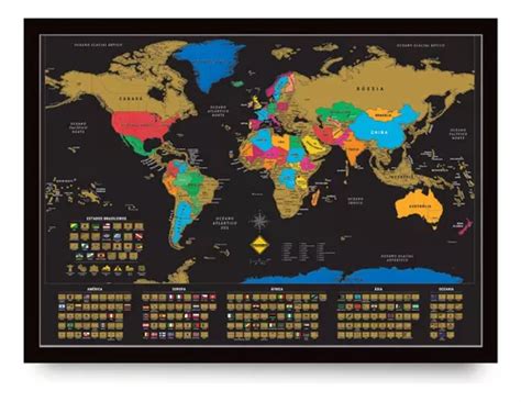 Mapa Mundi De Raspar Moldura X Original Bandeiras Venda Em