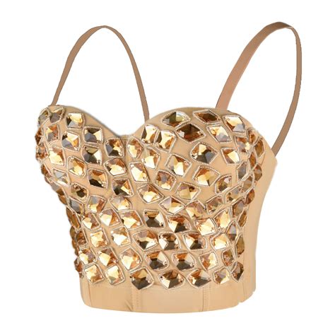 Womens Gold Rhinestone Beaded Punk Bustier Crop Top Party Club Corset