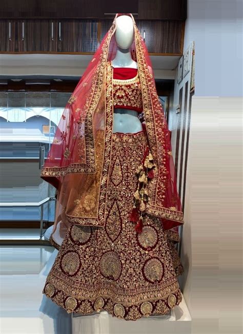 Maroon Velvet Bridal Lehenga Choli With Double Dupatta Indian Couture