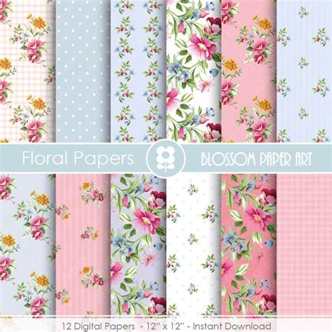 Shabby Chic Digital Paper Pack Blue And Pink Floral Digital Etsy