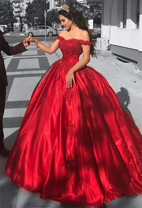 Ball Gown Off The Shoulder Red Satin Prom Dresses Red Ball Gowns